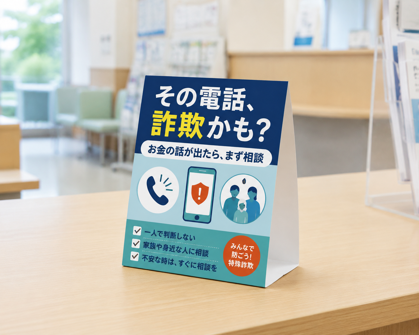 防犯イベント告知用の卓上三角POP設置イメージ