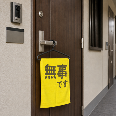玄関ドアに掲げる無事ですタオル
