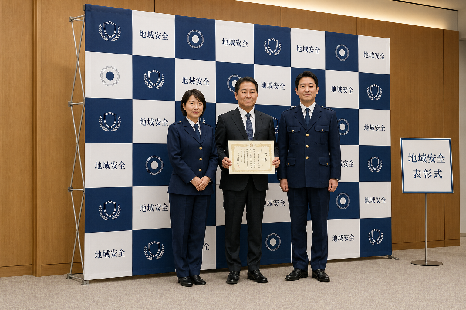 表彰式・記者発表で使用する市松模様のバックパネル