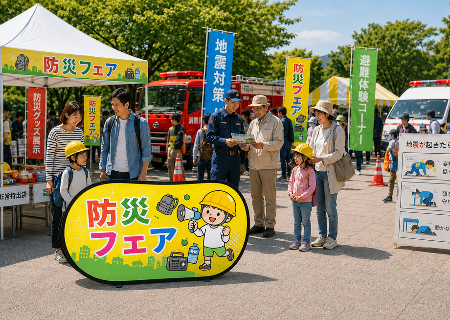屋外の防災フェアと体験コーナーの会場イメージ