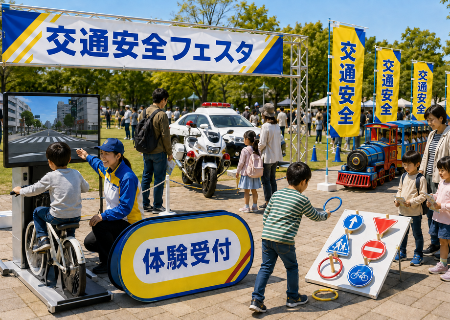 屋外の交通安全フェスタと体験コーナー