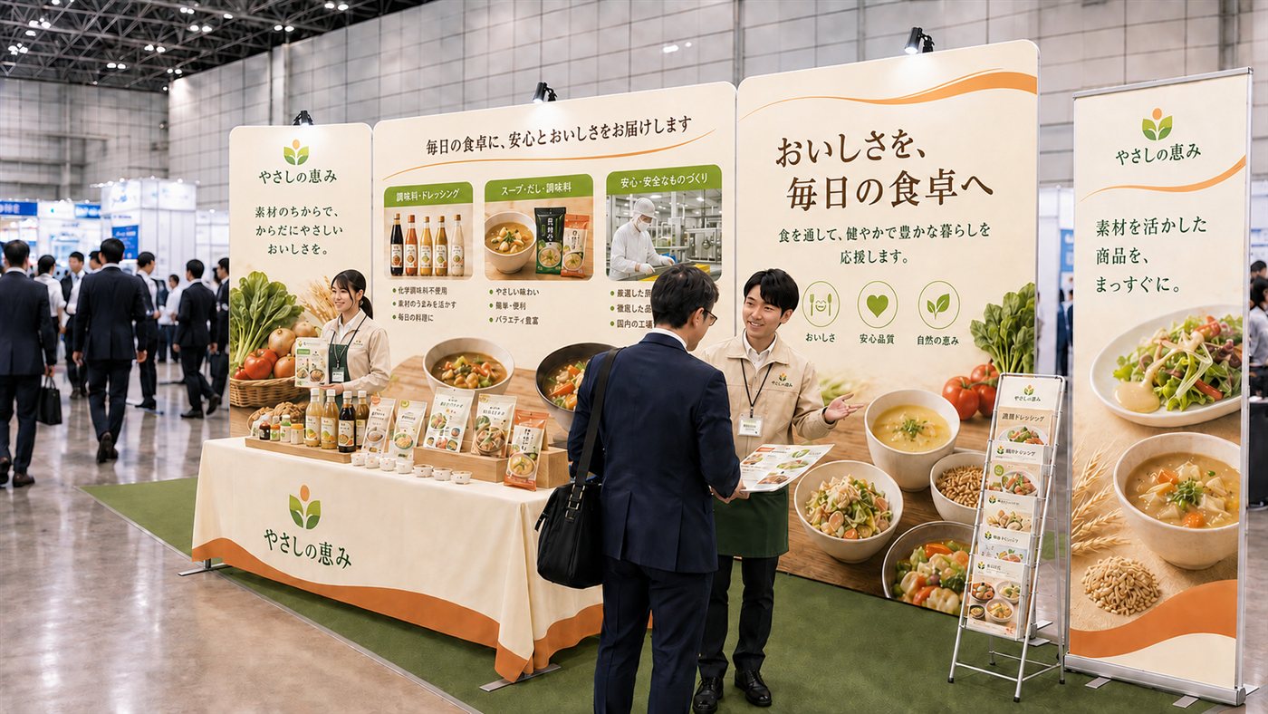 食品メーカーの展示会ブース（バックパネル・バナースタンド・受付什器）